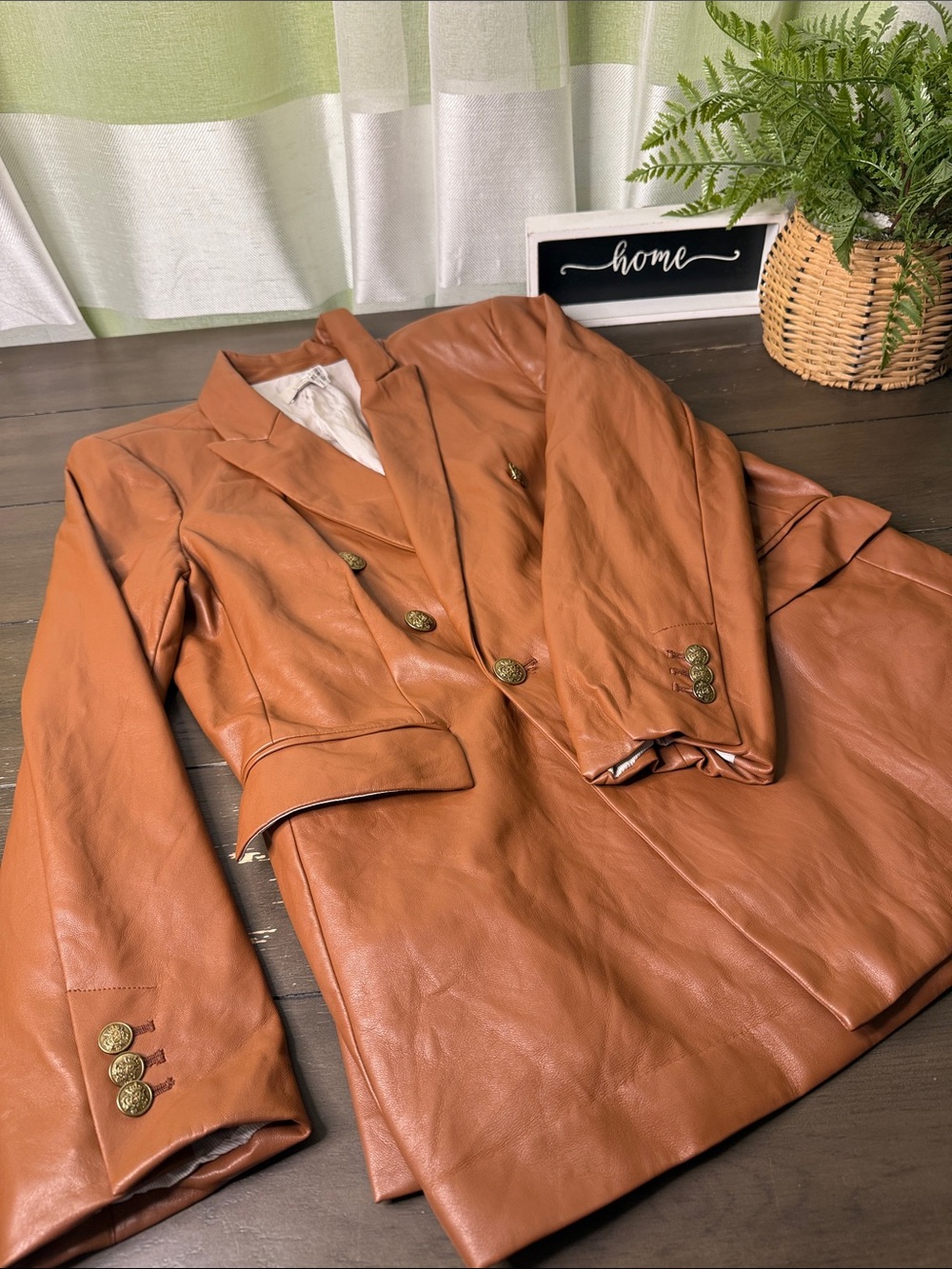 Women's Tan faux Leather Double-Breasted Blazer